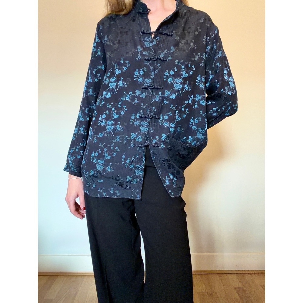 Monsoon Silk Blend Floral Asian Jacket Size 14 Mandarin Collar Frog Closure